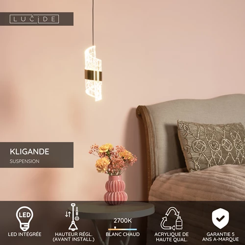 Lucide KLIGANDE - Suspension - Ø 13 cm - LED - 1x9W 2700K - Or Mat / Laiton - USP